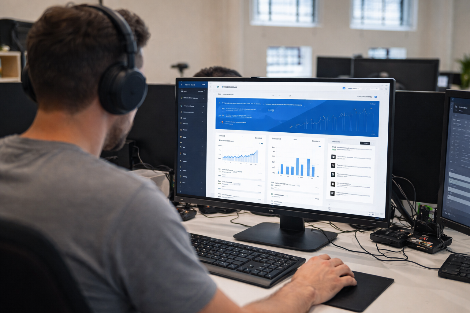 Werkplek met monitor waarop OomAgent OS wordt gebruikt.